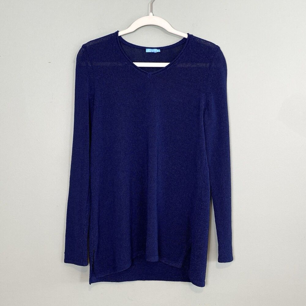 J McLaughlin Sweater Textured V Neck Cotton Blend Medium Navy Blue Nautical